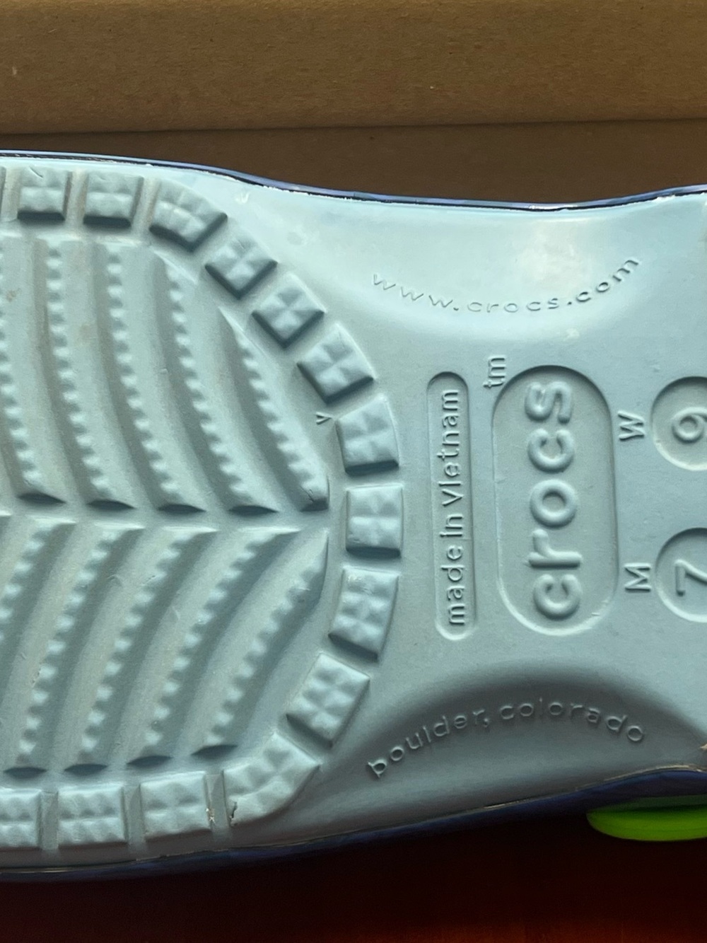 CROCS Navy Blue Mules with Green Heel Straps and Tan Trim - Picture 6 of 6